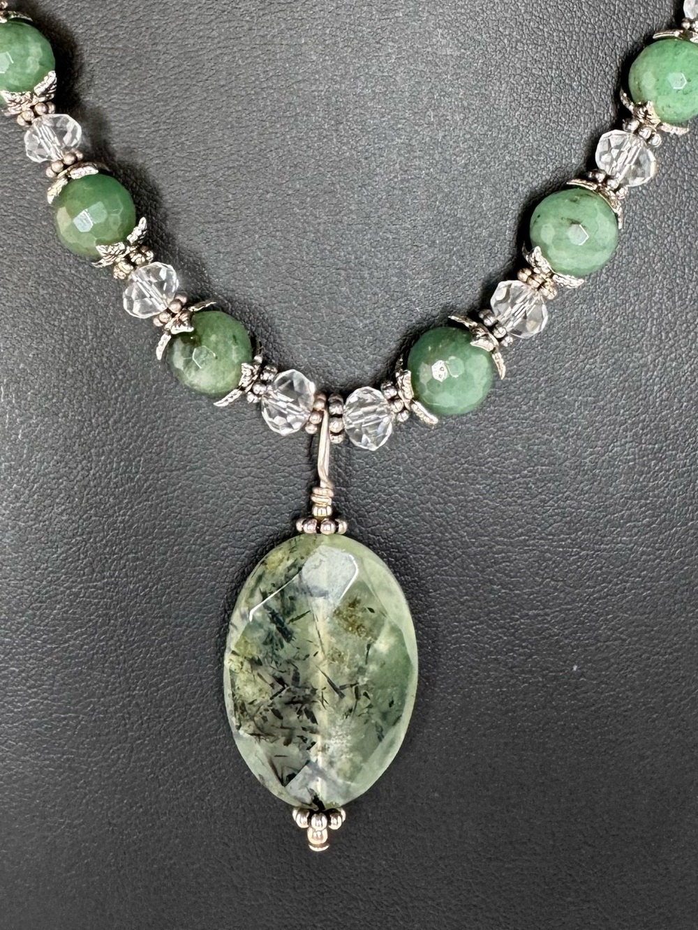Handmade Faceted Prehnite Vintage Pendant & Moss Agate Statement Necklace - Picture 3 of 8
